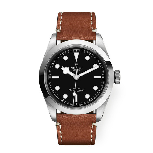41mm Tudor Black Bay "41" featuring a black dial & a stainless steel case. Comes with a brown leather strap.